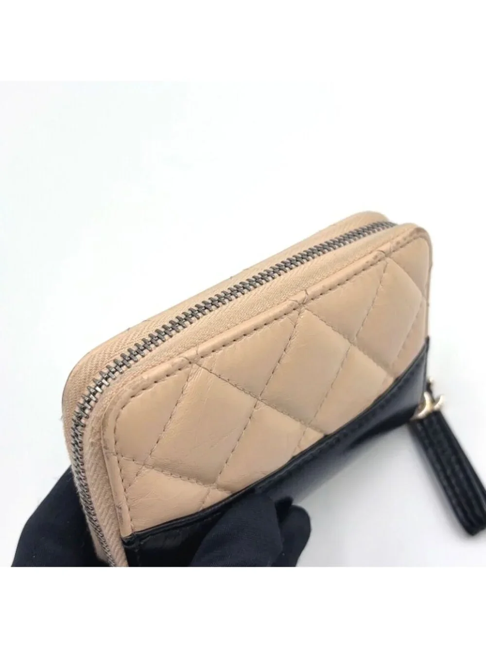 Chanel Gabrielle Leather Black Beige Coin Purse Silver